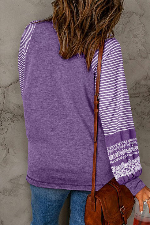 Contrast Print Striped Raglan Crew Neck Loose Long Sleeve Top